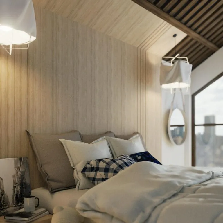Quarto aconchegante com cama arrumada, edredom e almofadas para o inverno